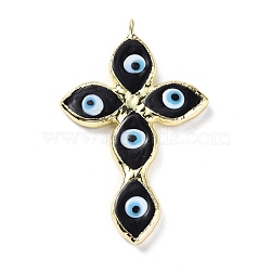 Handmade Lampwork Big Pendants, with Eco-friendly Ligh Gold Brass Findings, Long-Lasting Plated, Cadmium Free & Lead Free, Religion Cross with Evil Eye Charm, Black, 73.5x47x4mm, Hole: 4.2mm(LAMP-C009-05LG-05)
