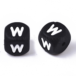 Food Grade Eco-Friendly Silicone Beads, Horizontal Hole, Chewing Beads For Teethers, DIY Nursing Necklaces Making, Cube, Black, Letter.W, 12x12x12mm, Hole: 2mm(SIL-T055-W)