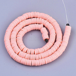 Handmade Polymer Clay Beads, Disc/Flat Round, Heishi Beads, Pink, 4x1mm, Hole: 1mm, about 380~400pcs/strand, 17.7 inch(X-CLAY-R067-4.0mm-18)