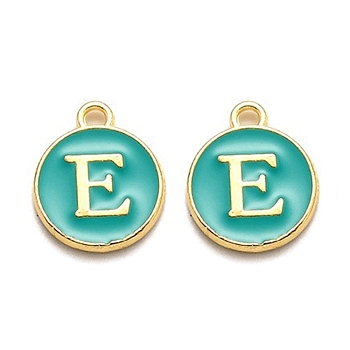 Golden Plated Alloy Enamel Charms, Enamelled Sequins, Flat Round with Alphabet, Letter.E, Green, 14x12x2mm, Hole: 1.5mm