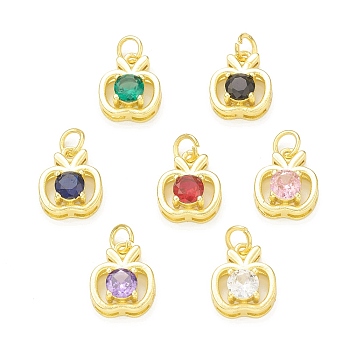 Rack Plating Brass Cubic Zirconia Charms, with Jump Ring, Cadmium Free & Lead Free, Long-Lasting Plated, Real 18K Gold Plated, Apple Charm for Teacher's Day, Mixed Color, 13x10.5x5.5mm, Hole: 3mm