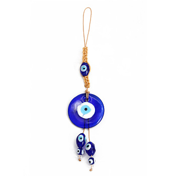 Flat Round with Evil Eye Glass Pendant Decorations, Polyester Braided Hanging Ornament, Royal Blue, 180mm