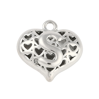 Hollow Brass Pendants for Valentine's Day, Heart with Letter, Real Platinum Plated, Letter S, 25x26x13mm, Hole: 2.5mm