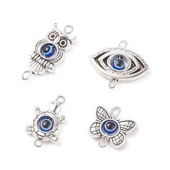 Tibetan Style Alloy Connerctor Charms, with Royal Blue Evil Eye Resin Beads, Owl & Butterfly & Eye & Tortoise, Antique Silver, 16~26x11.5~21x4mm, Hole: 1.5~2.1mm
