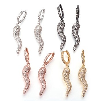 Brass Cubic Zirconia Hoop Earrings, Dangle Earrings, Horn of Plenty/Italian Horn Cornicello,Clear, Mixed Color, 46mm, Pendant: 31x8x7mm, Pin: 1mm