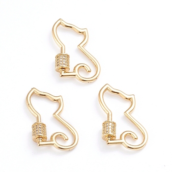 Brass Micro Pave Clear Cubic Zirconia Screw Carabiner Lock Charms, for Necklaces Making, Cat Shape, Real 18K Gold Plated, 28x19x2mm, Screw: 6x5.5mm