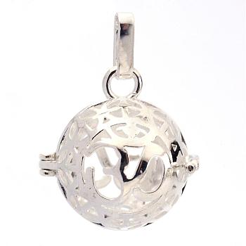 Rack Plating Brass Cage Pendants, For Chime Ball Pendant Necklaces Making, Hollow Round with Om Symbol, Silver Color Plated, 25x24x20.5mm, Hole: 3x7mm, inner measure: 18mm
