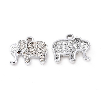 Alloy Crystal Rhinestone Pendants, Elephant Charms, Platinum, 12.5x16x3.5mm, Hole: 1.8mm