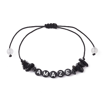 Natural Obsidian Chip Braided Bead Bracelets, Acrylic Word Bead Adjustable Bracelets for Women, Inner Diameter: 5/8~3-1/4 inch(1.7~8.2cm)