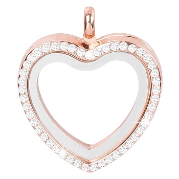 Alloy & Glass Floating Locket Pendants, with Rhinestone and Magnet, Heart Charm, Rose Gold, 35x30x7mm