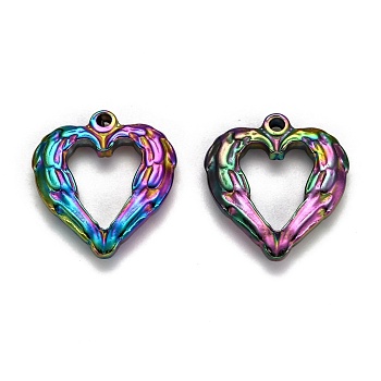 304 Stainless Steel Open Pendants, Heart with Wing, Rainbow Color, 22x20.5x3.5mm, Hole: 1.8mm
