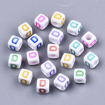Opaque White Acrylic Beads, with Enamel, Horizontal Hole, Cube with Mixed Color Letter, Letter.D, 6x6x6mm, Hole: 3mm, about 2900pcs/500g