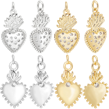 8Pcs 4 Style Rack Plating Brass Micro Pave Cubic Zirconia Pendants, Lead Free & Cadmium Free, Long-Lasting Plated, Sacred Heart Charm, Real 18K Gold Plated & Platinum, 22~23.5x12.5~14x2~3mm, Hole: 3~3.5mm, 2pcs/style