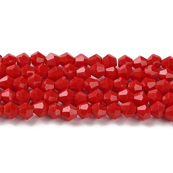Opaque Solid Color Imitation Jade Glass Beads Strands, Faceted, Bicone, Red, 4x4mm, Hole: 0.8mm, about 87~98pcs/strand, 12.76~14.61 inch(32.4~37.1cm)