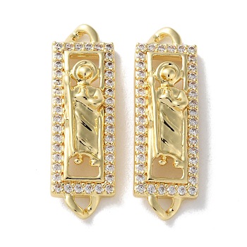 Rack Plating Brass Clear Cubic Zirconia Saint Connector Charms, Long-Lasting Plated, Lead Free & Cadmium Free, Real 18K Gold Plated, 29x9x4.5mm, Hole: 1.6mm