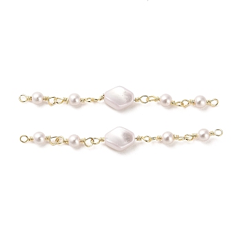 Rack Plating Brass Rhombus Links Connector Charms, with ABS Plastic Imitation Pearl Beads, Real 18K Gold Plated, WhiteSmoke, 62.5mm