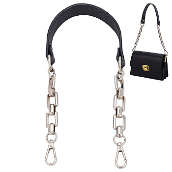 PU Leather Bag Handles, with Alloy Cable Chain & Swivel Clasps, for Bag Replacement Accessories, Black, 58.2x3.1x0.35cm