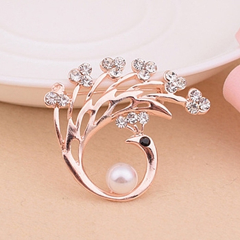 Alloy Glass Rhinestone Brooch, Plastic Imitation Pearl Vintage Women Badge for Valentine's Day, Peacock, 40mm