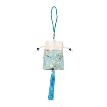 Brocade Sachet Bag, Drawstring Floral Embroidered Bag, Rectangle with Tassel, Light Blue, 42cm, Bag: 12.5x8.8x0.2cm, Bead: 0.8~0.9cm, Tassel: 12.5x1cm