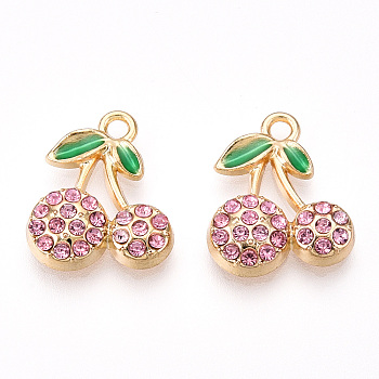 Rack Plating Alloy Pendants, with Rhinestone, Cherry, Light Rose, 16.5x14x3.5mm, Hole: 1.8mm