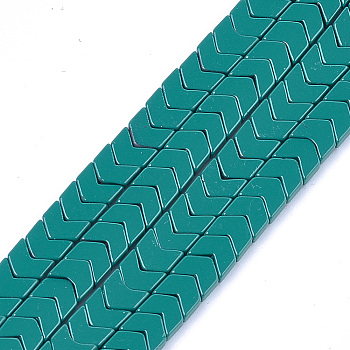 Spray Painted Non-magnetic Synthetic Hematite Beads Strands, Arrow/Chevron, Teal, 5.5x6x2mm, Hole: 0.7mm, about 107pcs/strand, 16.1 inch