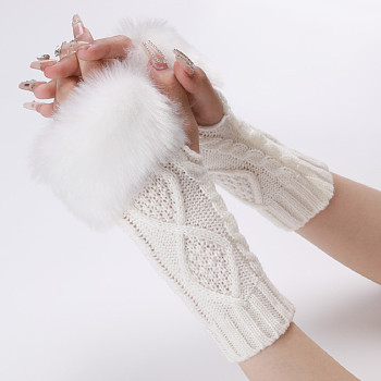 Polyacrylonitrile Fiber Yarn Knitting Fingerless Gloves, Fluffy Winter Warm Gloves with Thumb Hole, White, 200~260x125mm