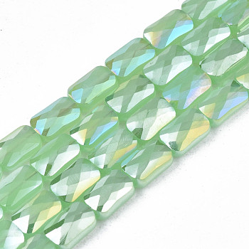 Electroplate Glass Beads Strands, Imitation Jade Beads, AB Color Plated, Faceted, Rectangle, Light Green, 7x4x3mm, Hole: 1mm, about 79~80pcs/strand, 20.47 inch(52cm)