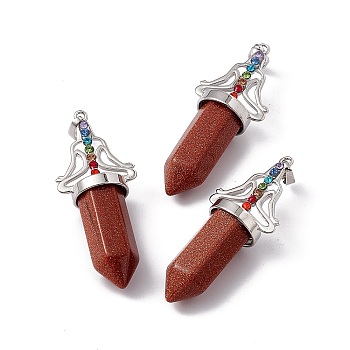 Synthetic Goldstone Big Pendants, 7 Chakra Faceted Bullet Charms, with Platinum Plated Brass Findings and Colorful Rhinestone, Cadmium Free & Lead Free, 55x22.5x16mm, Hole: 8x5mm