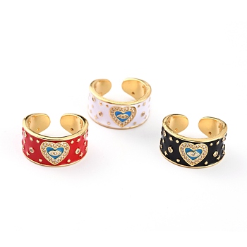 Brass Micro Pave Clear Cubic Zirconia Cuff Rings, Open Rings, with Enamel, Heart with Evil Eye, Mixed Color, US Size 7 1/4(17.5mm)