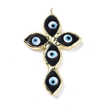 Handmade Lampwork Big Pendants, with Eco-friendly Ligh Gold Brass Findings, Long-Lasting Plated, Cadmium Free & Lead Free, Religion Cross with Evil Eye Charm, Black, 73.5x47x4mm, Hole: 4.2mm