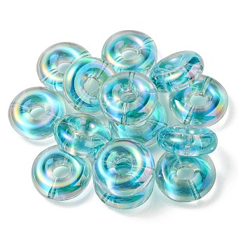 UV Plating Rainbow Iridescent Acrylic Beads, Two Tone Bead in Bead, Flat Round, Turquoise, 29.5x10.5mm, Hole: 3mm