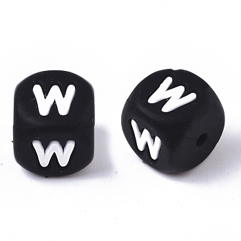 Food Grade Eco-Friendly Silicone Beads, Horizontal Hole, Chewing Beads For Teethers, DIY Nursing Necklaces Making, Cube, Black, Letter.W, 12x12x12mm, Hole: 2mm