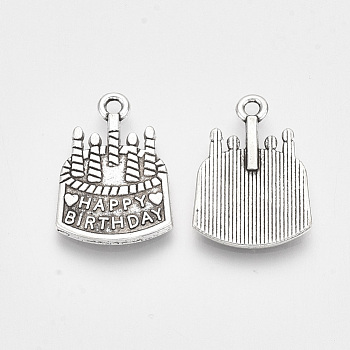 Tibetan Style Alloy Pendants, Cadmium Free & Lead Free,, Cake Word with Happy Birthday, Antique Silver, 21.5x15x2mm, Hole: 1.8mm, about 609pcs/1000g