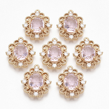 Golden Tone Brass Pendants, with Faceted Glass and Rhinestone, Oval, Pearl Pink, 20x17.5x5.5mm, Hole: 1.2mm