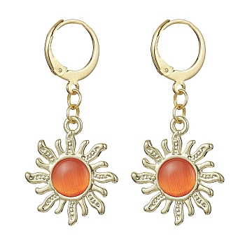 Golden Alloy Sun Shape Dangle Leverback Earrings with Cat Eye, Orange Red, 40mm, Pin: 1mm