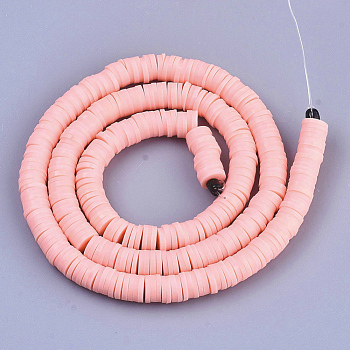 Handmade Polymer Clay Beads, Disc/Flat Round, Heishi Beads, Pink, 4x1mm, Hole: 1mm, about 380~400pcs/strand, 17.7 inch