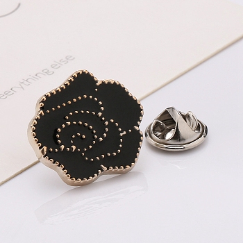 Plastic Brooch, Alloy Pin, with Enamel, for Garment Accessories, Rose Flower, Black, 21mm