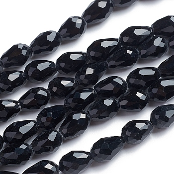 Glass Beads Strands, Crystal Suncatcher, Faceted, teardrop, Black, about 7mm wide, 11mm long, hole: about 1mm, about 56~58pcs/strand, 25 inch