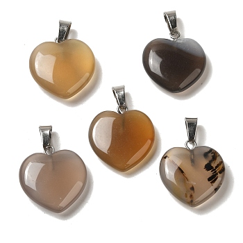 Heart Natural Grey Agate Pendants, with Platinum Tone Brass Findings, 20~22x20~21x5~8mm, Hole: 2x7mm