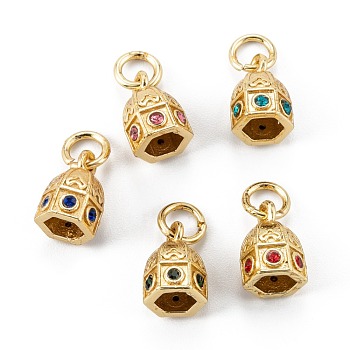 Brass Micro Pave Cubic Zirconia Pendants, Bell, Real 18K Gold Plated, Long-Lasting Plated, Mixed Color, 11x8x7.5mm, Hole: 4mm