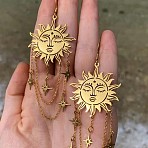 Brass Dangle Earrings, Sun with Star, Golden, 90mm(FS-WGC2143-01)