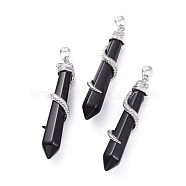 Natural Obsidian Big Pointed Pendants, with Platinum Plated Brass Bails, Faceted, Bullet with Snake, 59~61.5x11~12x11~12mm, Hole: 5x8mm(G-F696-B01)