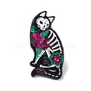 Skeleton Cat with Flower Enamel Pin for Halloween, Alloy Badge for Backpack Clothing, Electrophoresis Black, Colorful, 35.5x18x1.5mm, Pin: 1mm(JEWB-F015-04EB)