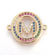 Brass Micro Pave Cubic Zirconia Links, Flat Round with Letter, Colorful, Golden, Letter.M, 16x20x2.5mm, Hole: 1.2mm(ZIRC-F092-02-M)