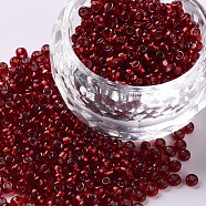 8/0 Glass Seed Beads, Silver Lined Round Hole, Round, Dark Red, 8/0, 3mm, Hole: 1mm, about 1111pcs/50g, 50g/bag, 18bags/2pounds(SEED-US0003-3mm-25B)