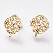 Brass Stud Earring Findings, Cubic Zirconia and Loop, Nickel Free, Real 18K Gold Plated, Flower, Clear, 13x12mm, Hole: 0.8mm, Pin: 0.8mm(X-KK-T038-491D)