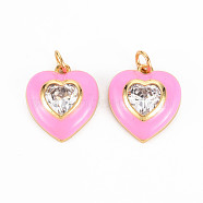 Brass Enamel Pendants, with Clear Cubic Zirconia and Jump Ring, Nickel Free, Golden, Heart, Pearl Pink, 17.5x15.5x4.5mm, Hole: 3.5mm(X-KK-T013-15E-NF)