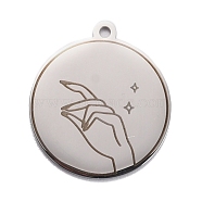 304 Stainless Steel Pendants, Flat Round with Hand and Star, Stainless Steel Color, 28x25x1.4mm, Hole: 2mm(STAS-C032-10P)
