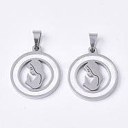 201 Stainless Steel Pendants, with Shell and Random Size Snap on Bails, Flat Round with Girl, Stainless Steel Color, 23x20x2mm, Hole: 7~10x3~5mm(STAS-N089-61P)