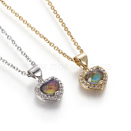 Temperature Changing Color Glass Pendant Necklaces, with Brass Micro Pave Cubic Zirconia Findings, Heart, Mixed Color, 17.5 inch(44.5cm), 1.5mm(NJEW-I230-04)